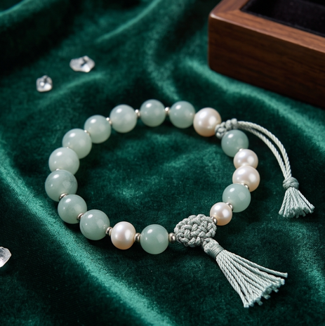 Pale Green Stone and Pearl Floral Adjustable Bracelet
