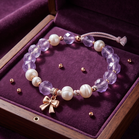 Lilac Crystal and Pearl Bow Charm Adjustable Bracelet