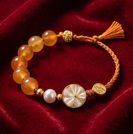 Amber and Pearl Floral Medallion Adjustable Bracelet