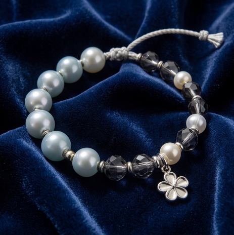 Smoky Blue and Grey Floral Charm Adjustable Bracelet