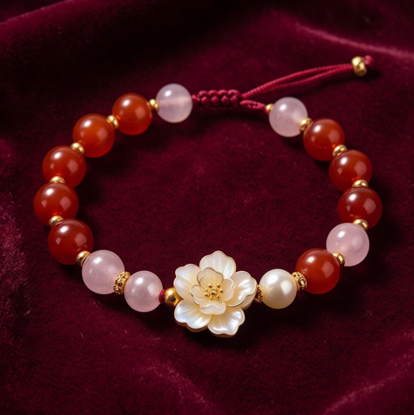 Crimson and Pink Floral Charm Adjustable Bracelet