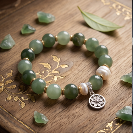 Green Stone and Pearl Floral Charm Bracelet