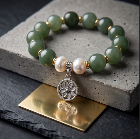 Green Stone and Pearl Floral Charm Bracelet
