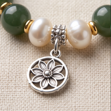 Green Stone and Pearl Floral Charm Bracelet