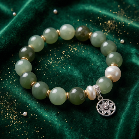 Green Stone and Pearl Floral Charm Bracelet