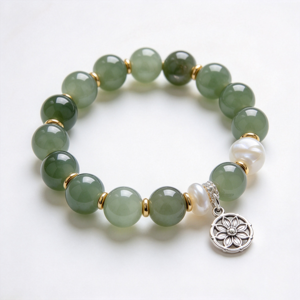 Green Stone and Pearl Floral Charm Bracelet