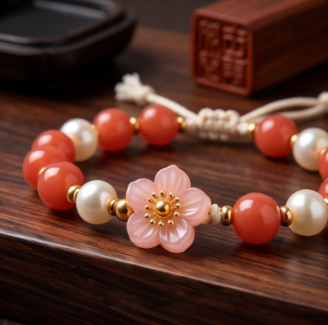 Coral and Pearl Blossom Adjustable Bracelet