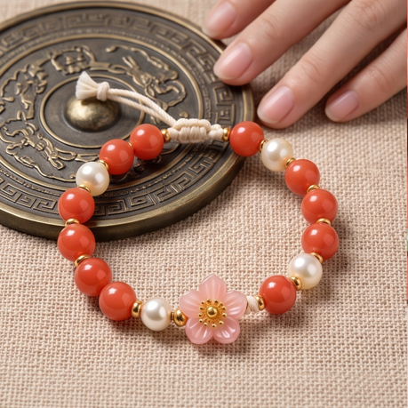 Coral and Pearl Blossom Adjustable Bracelet