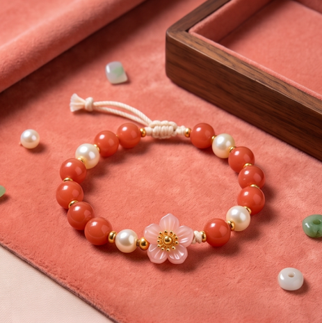 Coral and Pearl Blossom Adjustable Bracelet