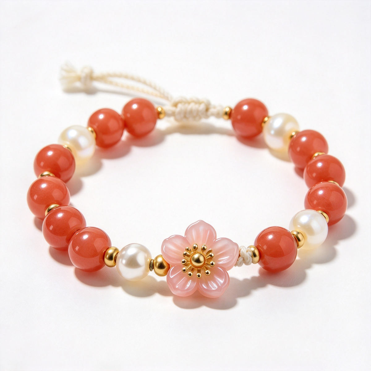 Coral and Pearl Blossom Adjustable Bracelet
