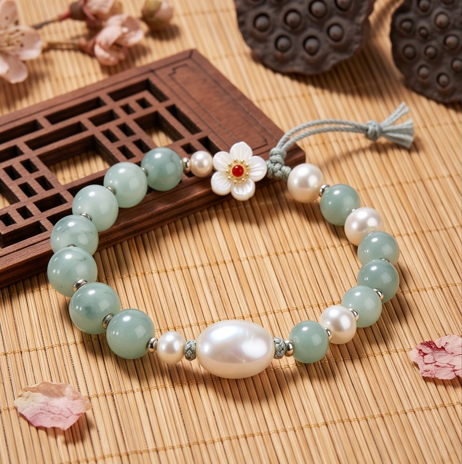 Pale Green Stone and Pearl Floral Adjustable Bracelet