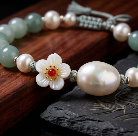 Pale Green Stone and Pearl Floral Adjustable Bracelet