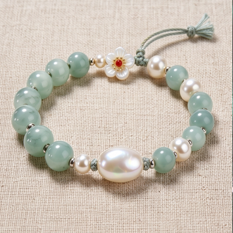 Pale Green Stone and Pearl Floral Adjustable Bracelet