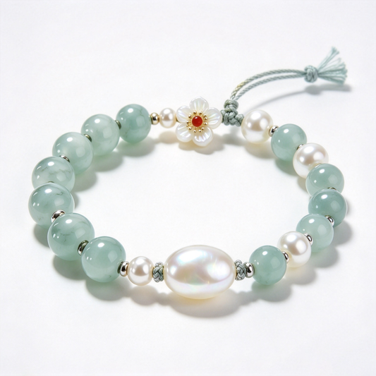 Pale Green Stone and Pearl Floral Adjustable Bracelet