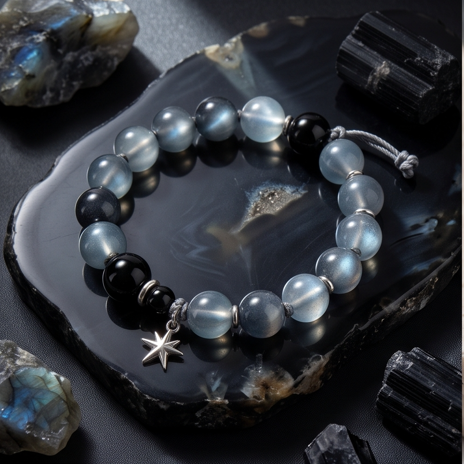 Celestial Midnight Grey and Black Beaded Adjustable Bracelet