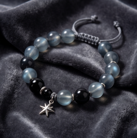 Celestial Midnight Grey and Black Beaded Adjustable Bracelet