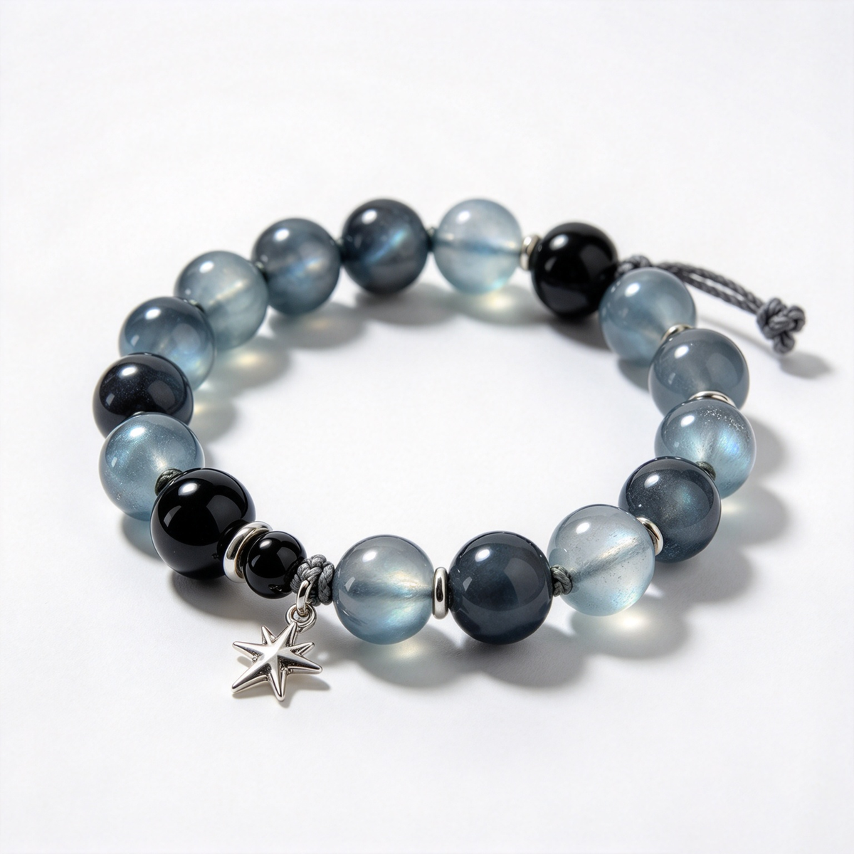 Celestial Midnight Grey and Black Beaded Adjustable Bracelet