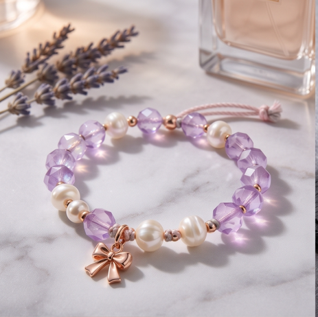 Lilac Crystal and Pearl Bow Charm Adjustable Bracelet