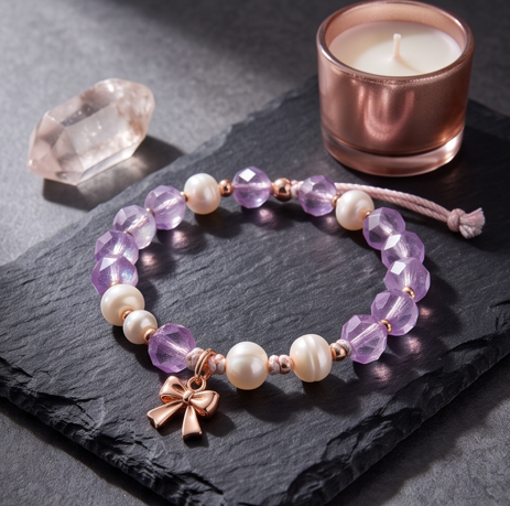 Lilac Crystal and Pearl Bow Charm Adjustable Bracelet