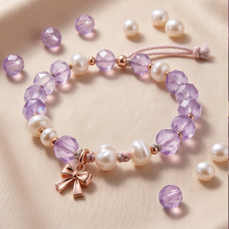 Lilac Crystal and Pearl Bow Charm Adjustable Bracelet