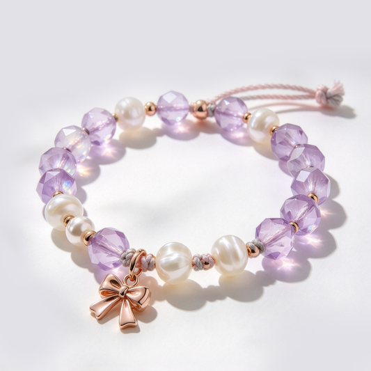 Lilac Crystal and Pearl Bow Charm Adjustable Bracelet