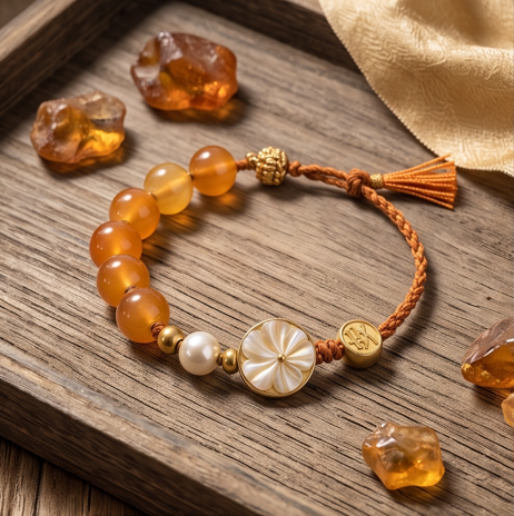 Amber and Pearl Floral Medallion Adjustable Bracelet