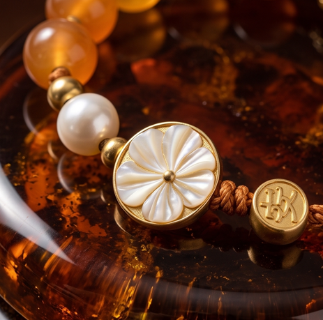 Amber and Pearl Floral Medallion Adjustable Bracelet