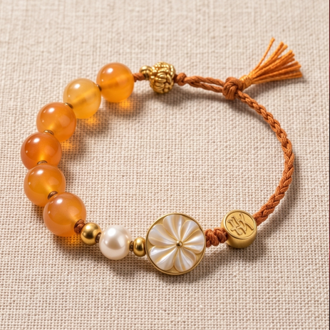 Amber and Pearl Floral Medallion Adjustable Bracelet