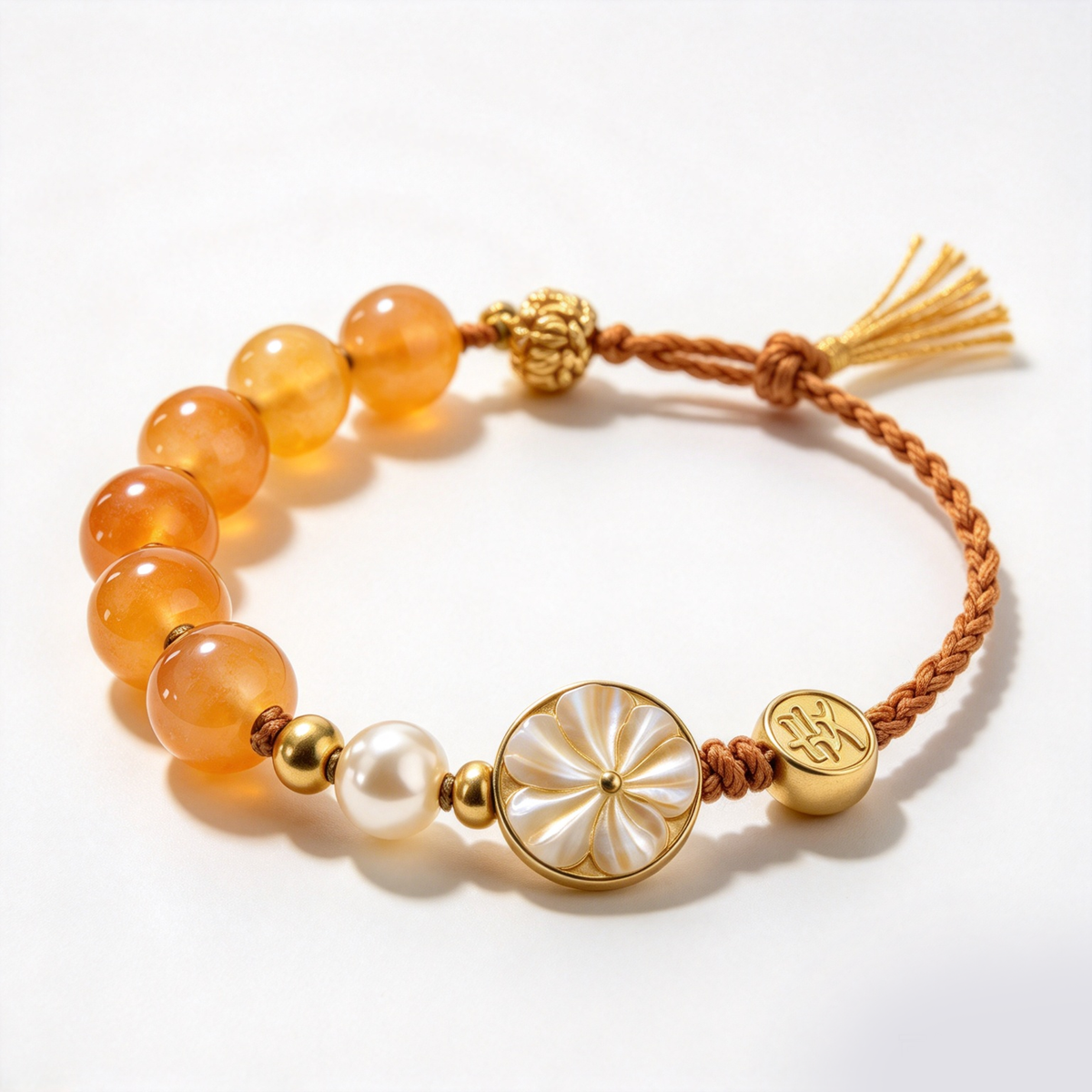 Amber and Pearl Floral Medallion Adjustable Bracelet