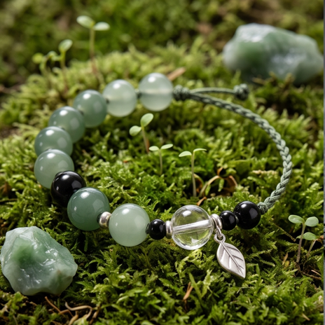 Green Stone and Leaf Charm Adjustable Bracelet