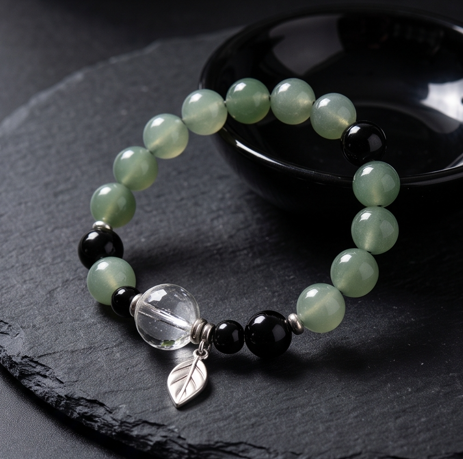 Green Stone and Leaf Charm Adjustable Bracelet
