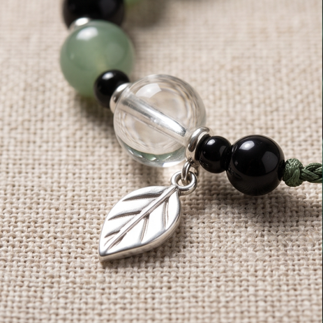 Green Stone and Leaf Charm Adjustable Bracelet