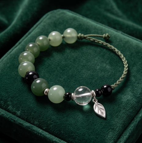 Green Stone and Leaf Charm Adjustable Bracelet