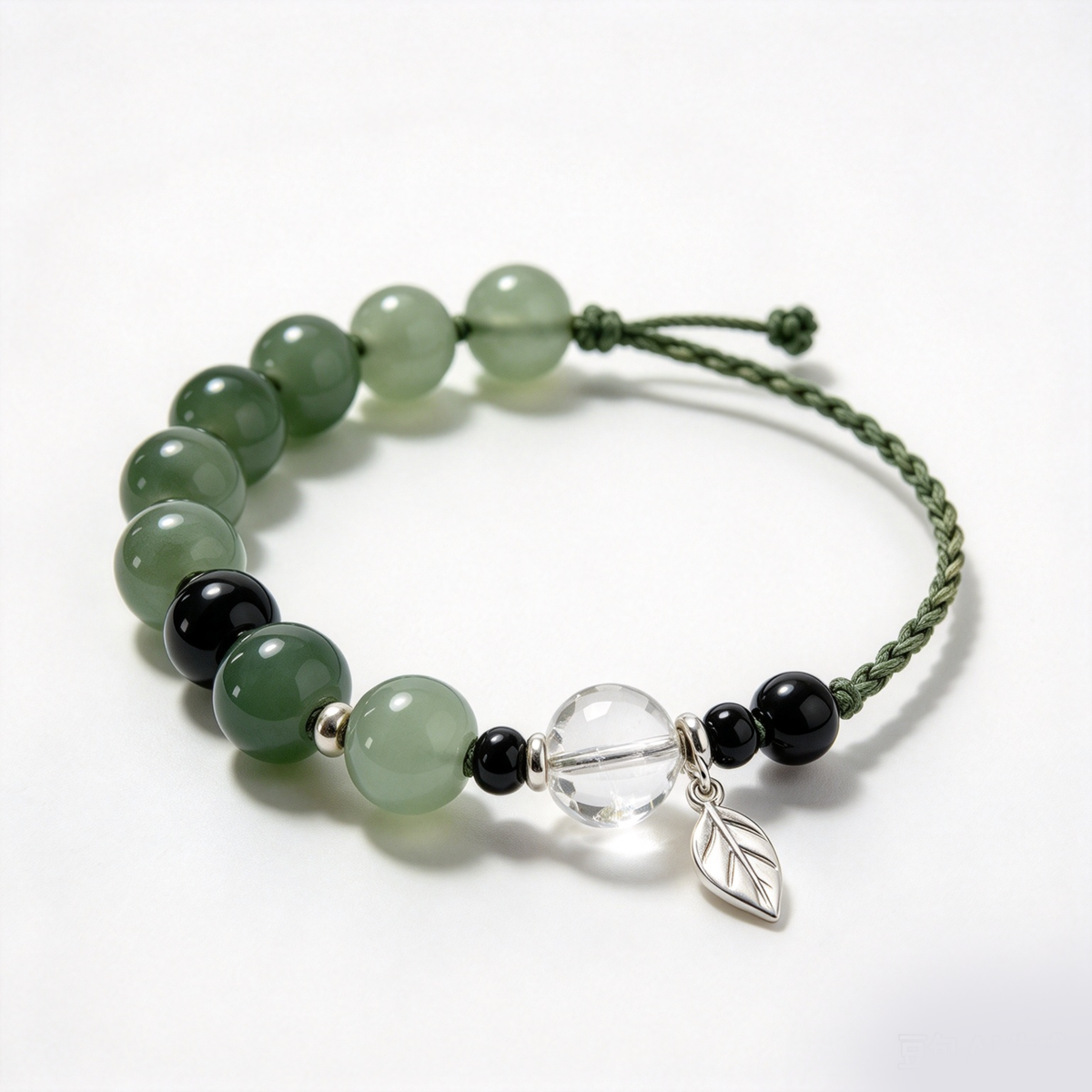 Green Stone and Leaf Charm Adjustable Bracelet