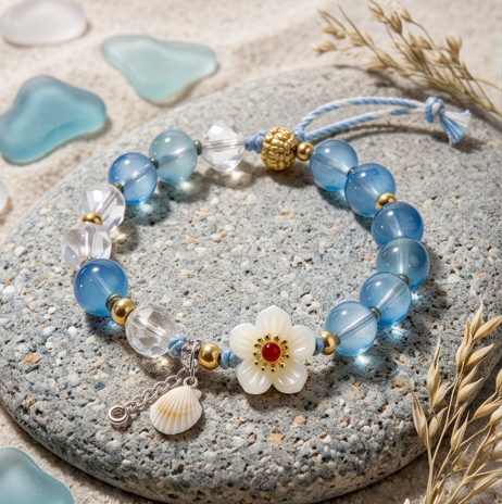 Ocean Breeze Floral and Shell Beaded Bracelet