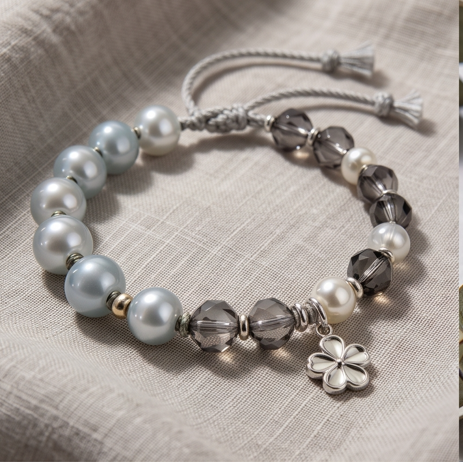 Smoky Blue and Grey Floral Charm Adjustable Bracelet