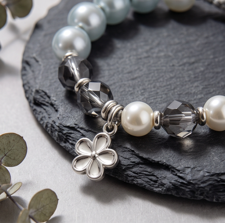Smoky Blue and Grey Floral Charm Adjustable Bracelet