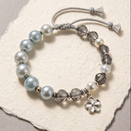 Smoky Blue and Grey Floral Charm Adjustable Bracelet
