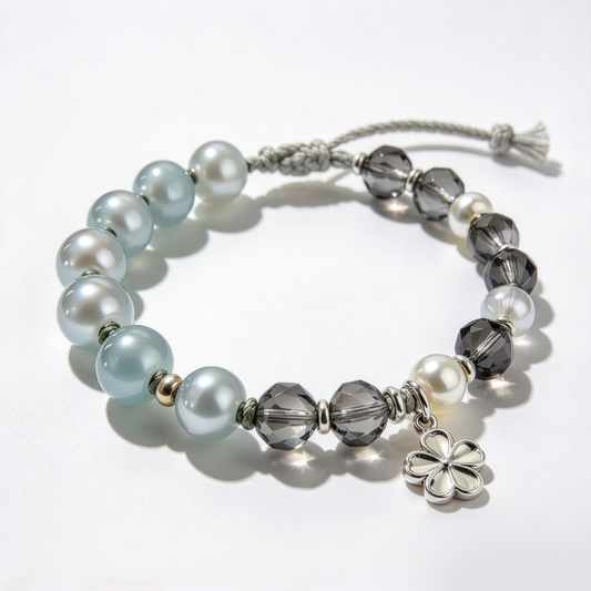 Smoky Blue and Grey Floral Charm Adjustable Bracelet