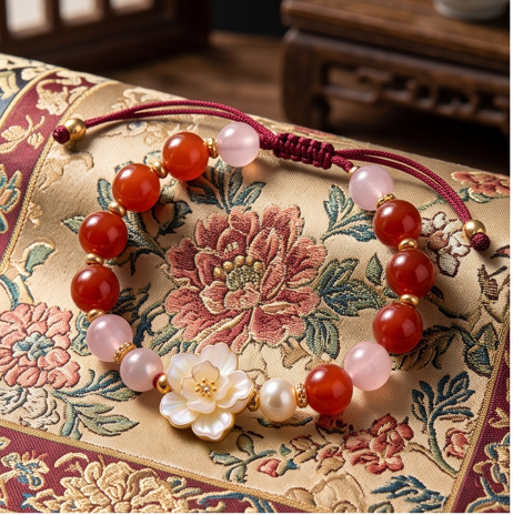 Crimson and Pink Floral Charm Adjustable Bracelet