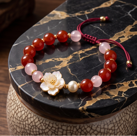 Crimson and Pink Floral Charm Adjustable Bracelet