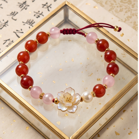 Crimson and Pink Floral Charm Adjustable Bracelet