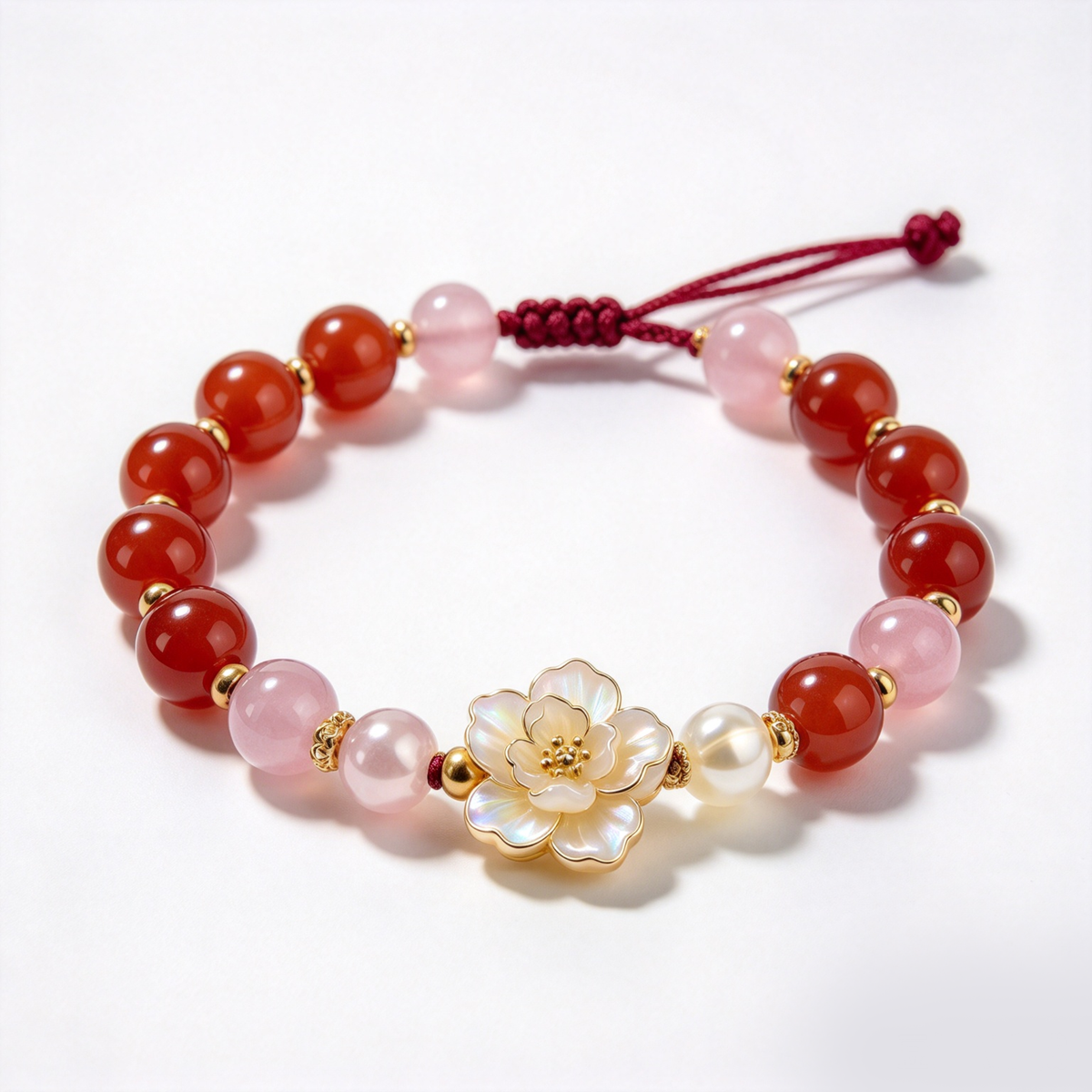 Crimson and Pink Floral Charm Adjustable Bracelet