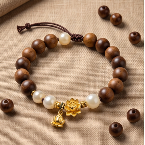 Wooden Lotus Charm Adjustable Bracelet