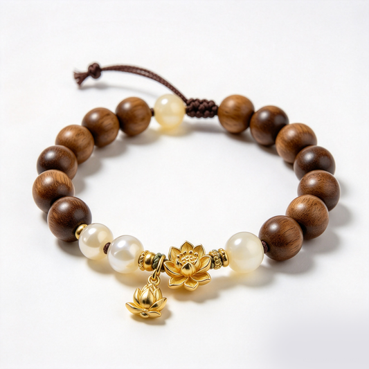 Wooden Lotus Charm Adjustable Bracelet