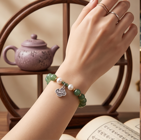 Green Stone and Pearl Cloud Charm Adjustable Bracelet