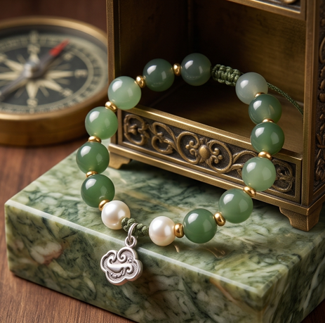 Green Stone and Pearl Cloud Charm Adjustable Bracelet