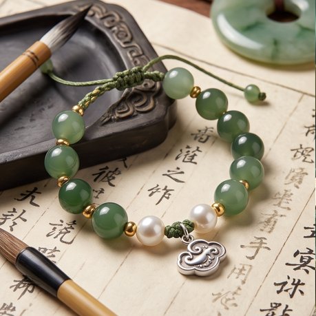 Green Stone and Pearl Cloud Charm Adjustable Bracelet
