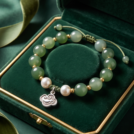 Green Stone and Pearl Cloud Charm Adjustable Bracelet