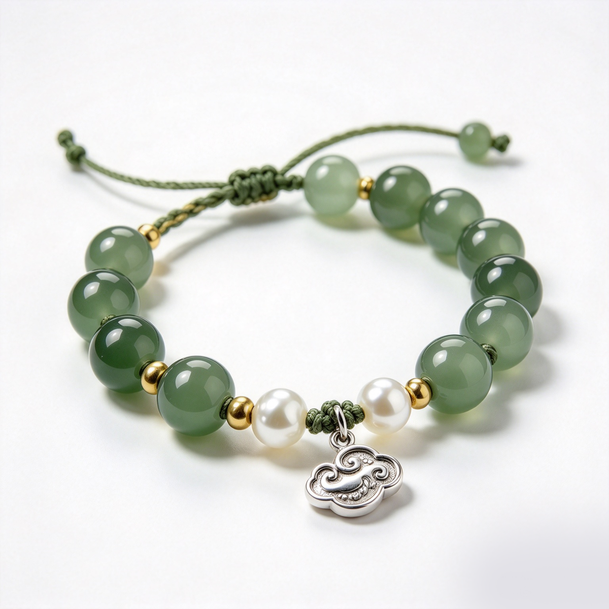 Green Stone and Pearl Cloud Charm Adjustable Bracelet